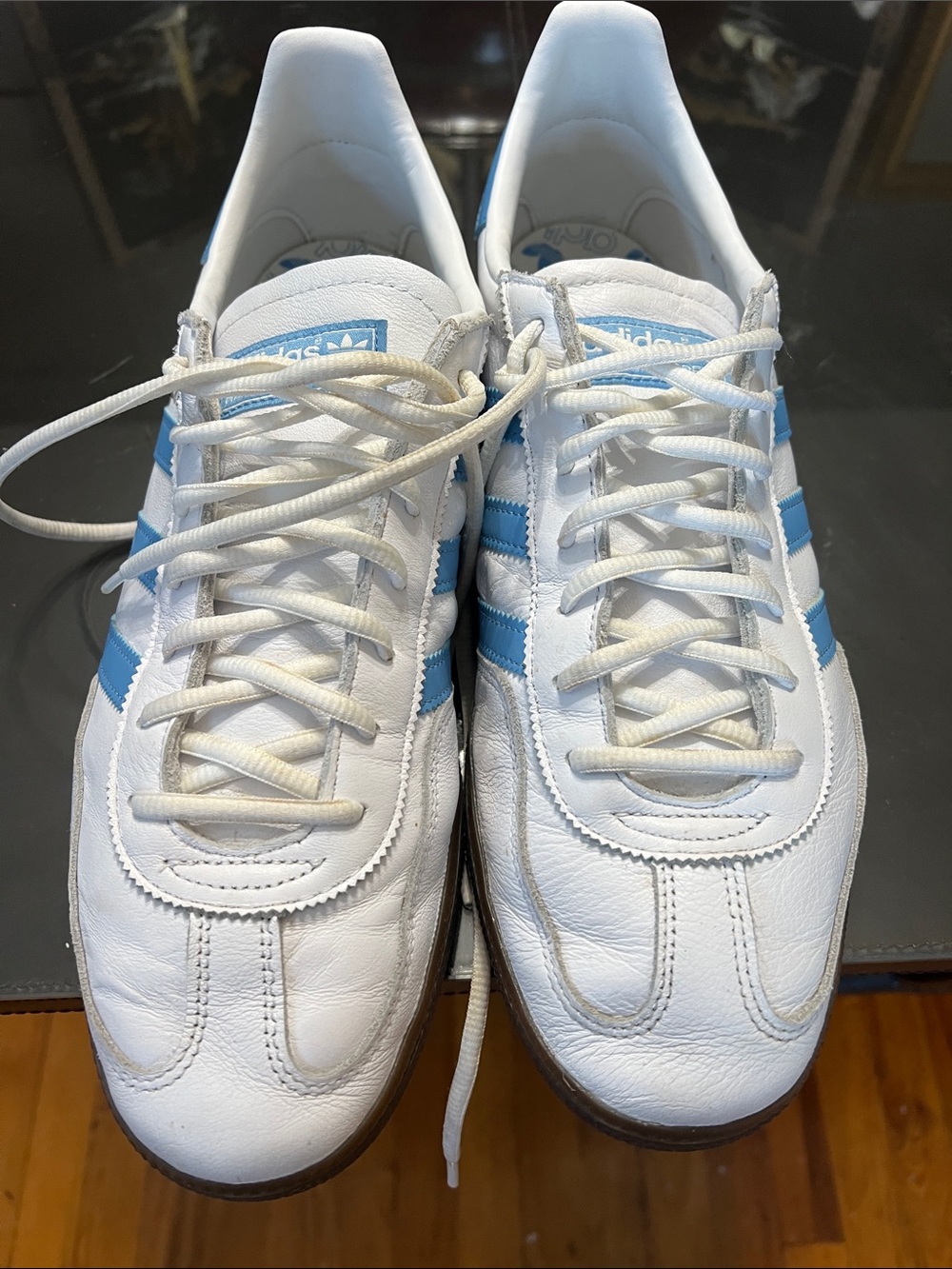 adidas White low spezial Sneakers with Light Blue Stripes mens size 13 used